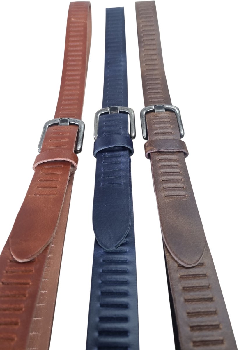 Leren Geperforeerde Sleufjes Riem voor Dames en Heren - Breedte 3cm - Unisex Ceintuur - Echt Leer - Blauw - Cognac - Bruin Lengte totaal 125 cm / Riemmaat 105