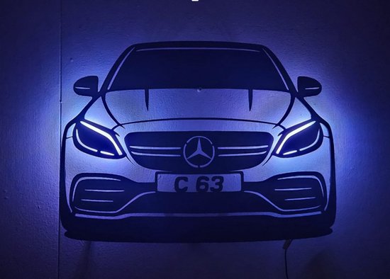 BR2Laser Mercedes C63 AMG – Wandlamp – Lasergesneden Hout – Autokunst – 75 cm Breed