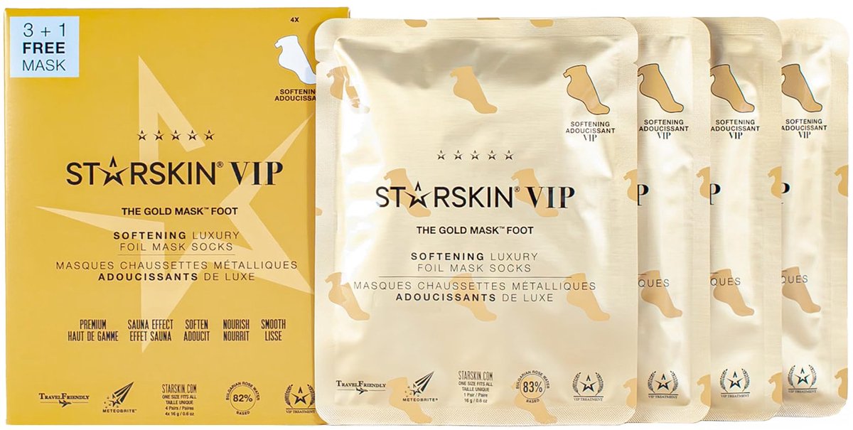 STARSKIN® VIP Gold Mask Foot (3 + 1) – Voetmaskersokken / Voetmasker – Hydraterend, Voedend & Verzachtend – Korean Skincare voor alle huidtypen met Sheaboter, Rozenolie & Bulgaarse Rozenformule – Verwarmende Foliesokken