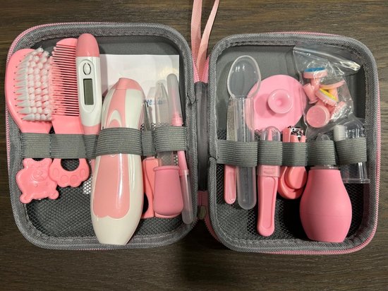 20-delige Babyverzorgingsset - Safari Dieren - Roze - Manicureset - Elektrische baby nageltrimmer - Nagelverzorging, Neusaspirator, Medicijnspuit, Thermometer & Siliconen Borstels van All Kids Essentials — afbeelding 4