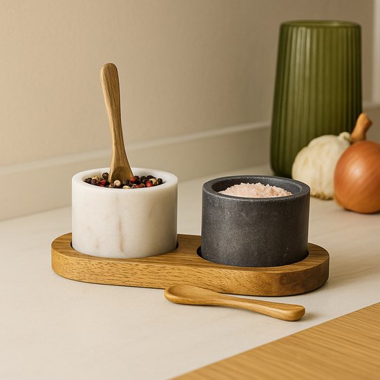 Set et poivrière en marbre – 2 pièces sur plateau en bois – Cuillère incluse – Plats à épices en marbre de Luxe – Accessoire de cuisine et vaisselle