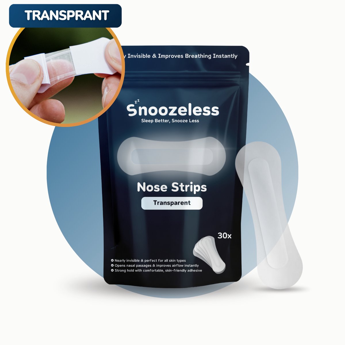 Snoozeless Transparante Neusstrips – Neuspleisters tegen Snurken & voor Sport – Hypoallergeen & Huidvriendelijk – Transparant & Nauwelijks Zichtbaar – Betere Ademhaling – 30 Stuks