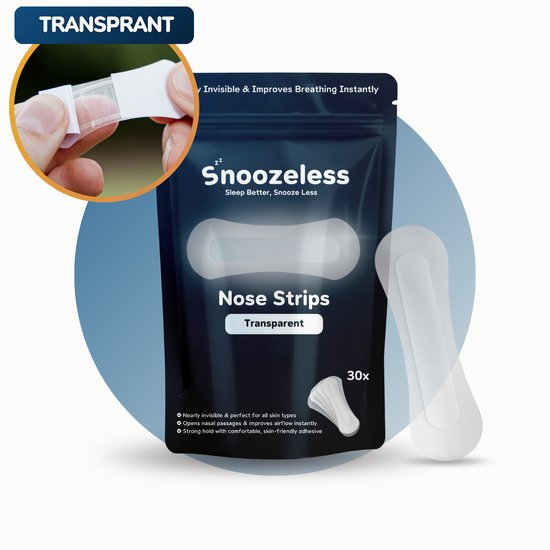 Transparante neusstrips van Snoozeless. Bijna onzichtbaar en verbetert de ademhaling direct. 30 stuks.