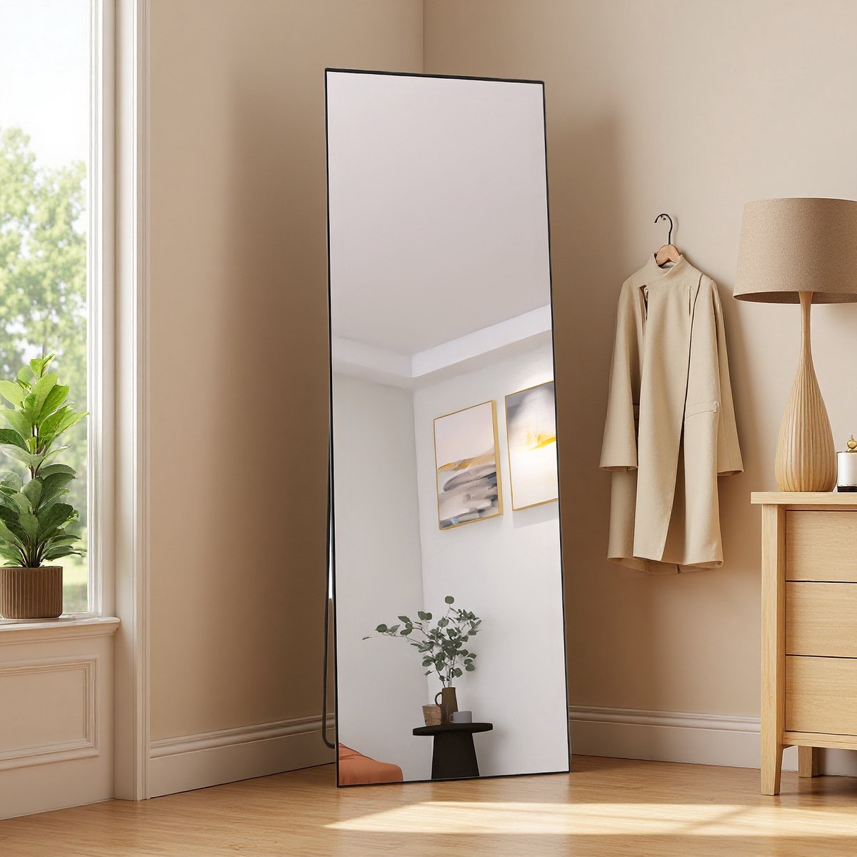 Volledige lichaamsspiegel 165x60 cm – Staande of wandspiegel met zwart aluminium frame – Rechthoekige make-up en passpiegel van gehard glas