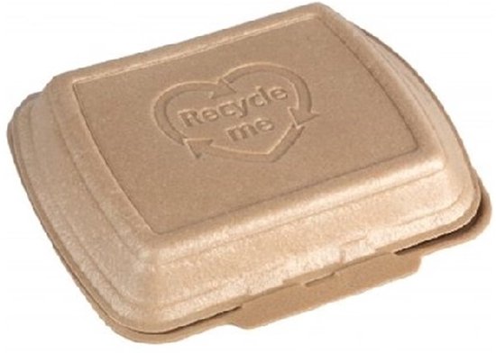 Bruine, drievaks wegwerpbare kartonnen bak met deksel gesloten, met "Recycle me" logo.