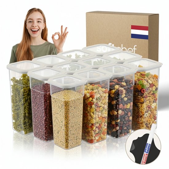 Soft Chef Viola 12-delige vierkante voedselbewaarset (12 × 1850 ml) – BPA-vrije kunststof voedselcontainers met beige deksels – Luchtdichte voorraadbakken & Vaatwasmachinebestendig