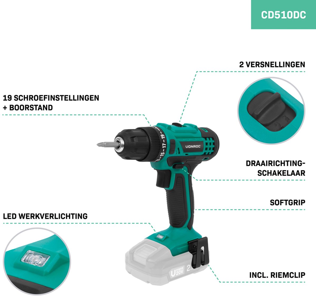 VONROC Accuboormachine 20V – 19+1 standen, 25Nm