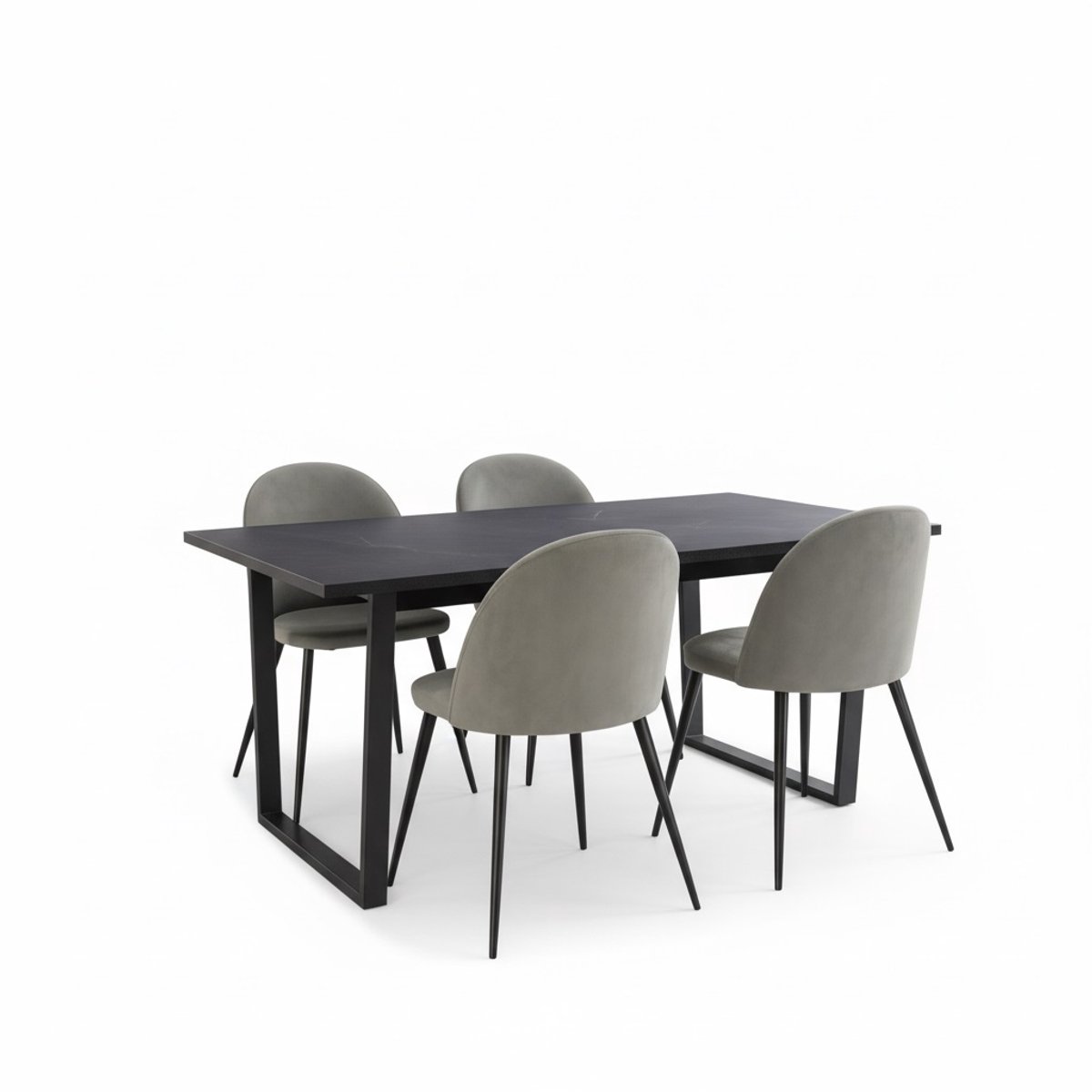Tilst eethoek eettafel zwarte marmerprint 90x160 4 stoelen velours grijs.