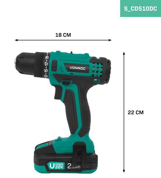 VONROC Perceuse-visseuse sans fil 20V - 19 positions de vis + position de perçage - Incl. 2 embouts - Incl. Batterie 2,0 Ah et chargeur rapide