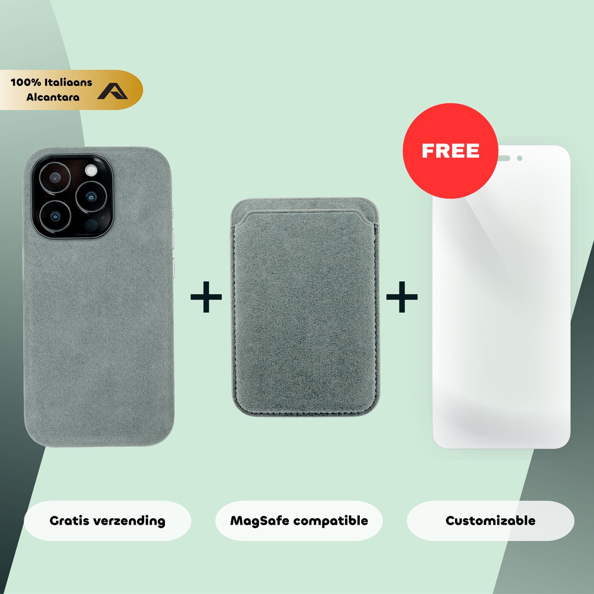 iPhone 15 Pro – Alcantara Case + MagSafe Wallet + Gratis Screenprotector | Nardo Grey