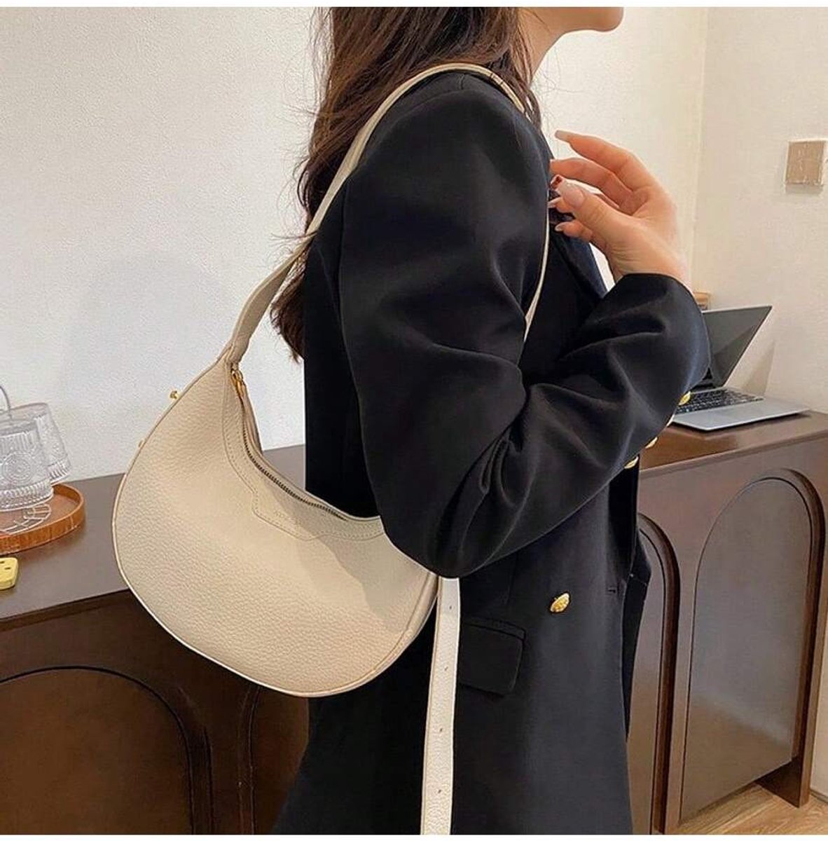 Aucuu Kleine schoudertas voor dames, van PU-leer, clutch met ketting, hobo- handtas, retro okselzakken, elegante schoudertas, voor feestjes en winkelen, #3 Wit-nieuw, 26*8*15 cm