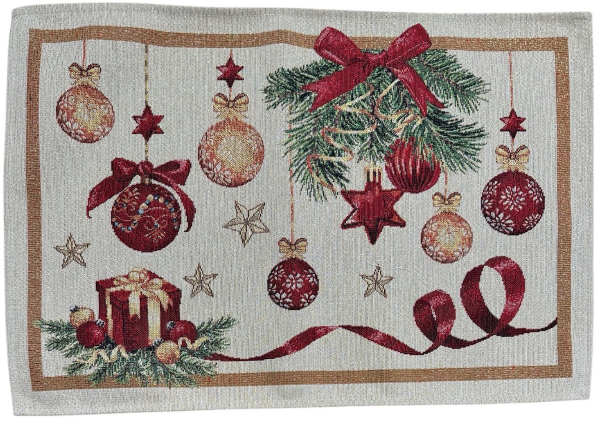 Placemat - Luxe Gobelinstof - Kerst - Kerstballen - Cadeautjes - Lint - Rood - 35 x 45 cm