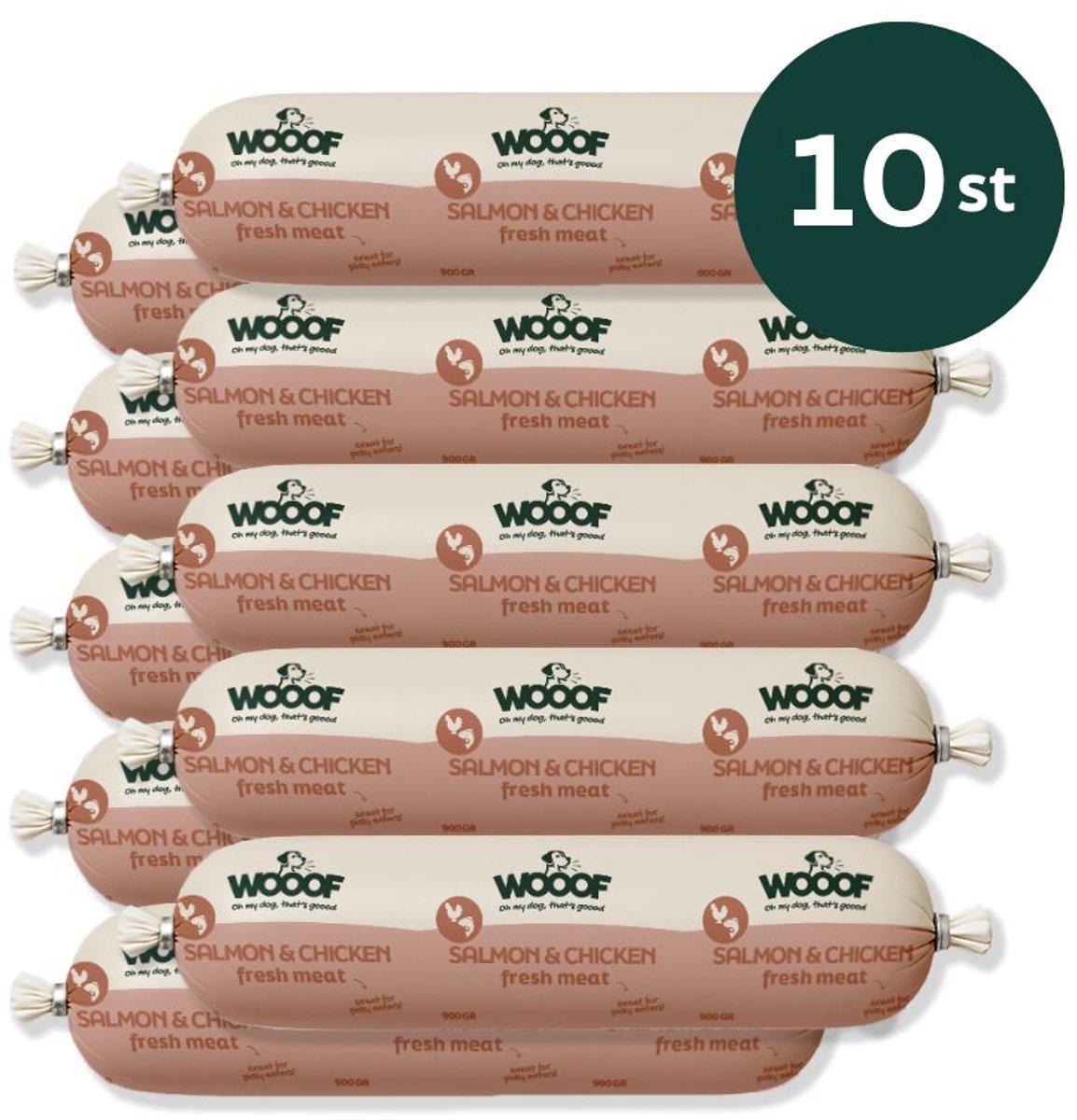 Wooof WOOOF Honden worsten zalm en kip - Vers vlees natvoer - Houdbare worsten hondenvoer - zalm - 10x 800gram
