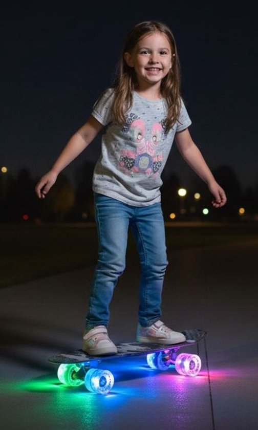 Meisje op een skateboard met verlichte, veelkleurige wielen.