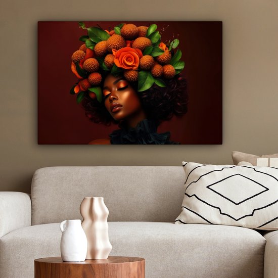 Canvas schilderij 60x40 cm - Exclusieve wanddecoratie Vrouw - lychee - exotisch - Muurdecoratie woonkamer - Slaapkamer decoratie - Kamer accessoires - Schilderijen op canvas