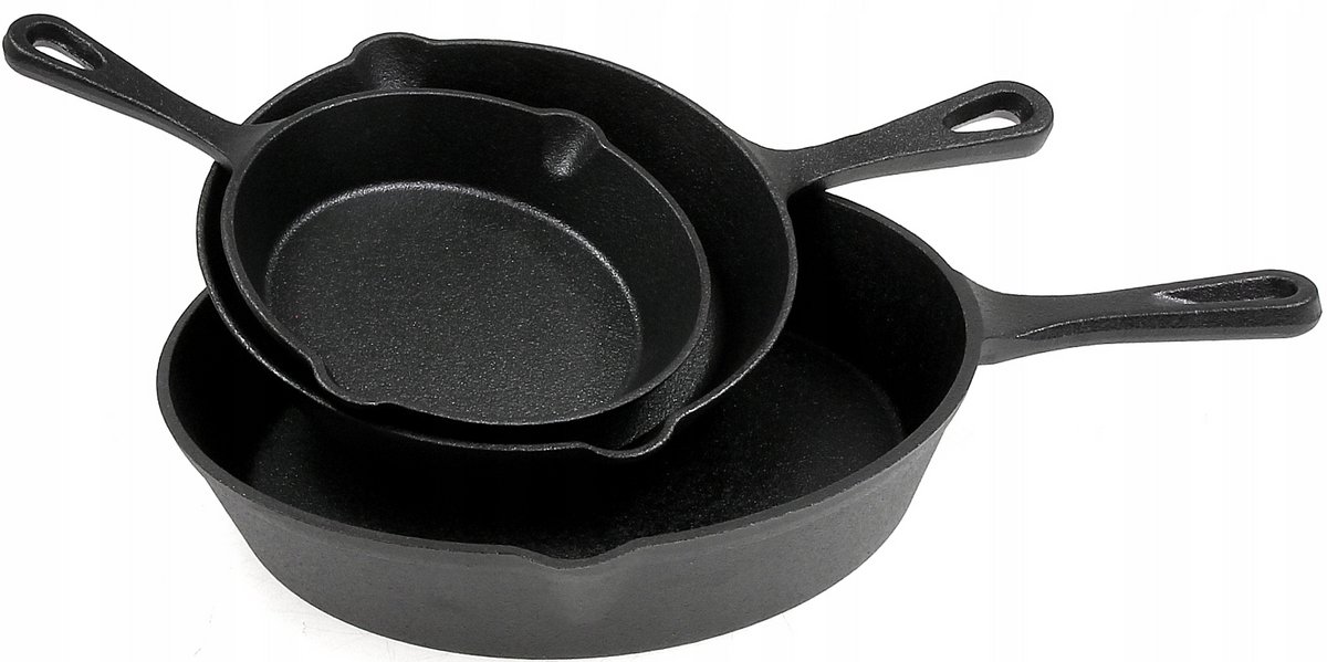 Set van 3 Gietijzeren Koekenpannen – Ø30, Ø25, Ø20 cm – Inductie • Gas • Oven • Open vuur