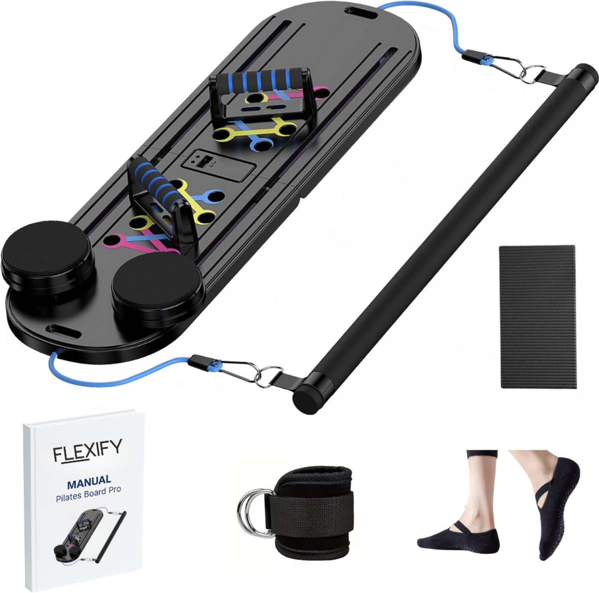 Flexify® - Pilates Board - Pilates Reformer - Inclusief Sokken & EnkelBand & Mat - Buikspieren in no-time - Buiktrainer - Luxe Uitvoering - 2026 model- Zwart