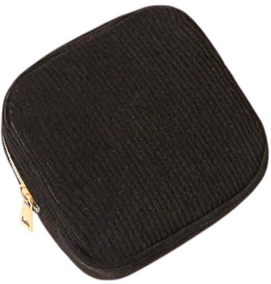 Mini trousse de Maquillage en velours côtelé - Zwart | 12 x 12 x 3 cm | Trousse de toilette / étui pour serviette Serviettes hygiéniques | Mode Favorite