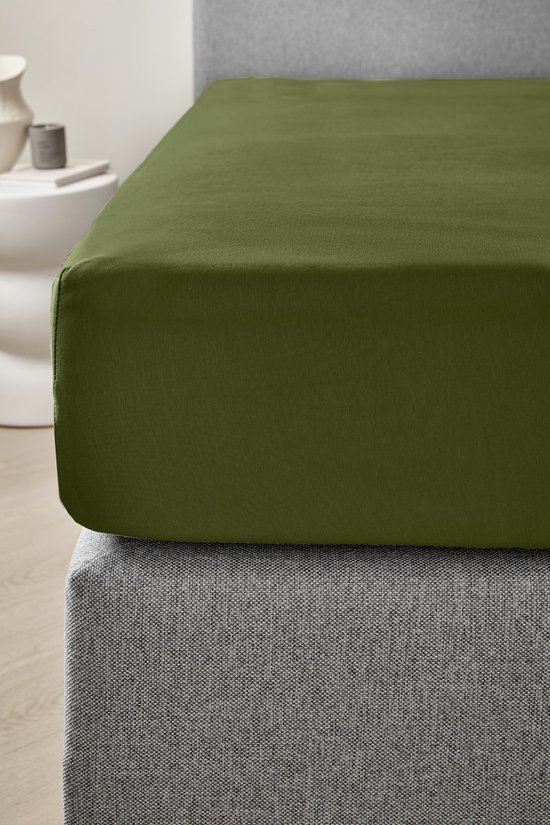 Dreamers Den - Jersey Premium élasthanne - Katoen biologique - Hoeslaken - Vert olive - 200 x 220 cm - Hauteur des coins : 35 cm