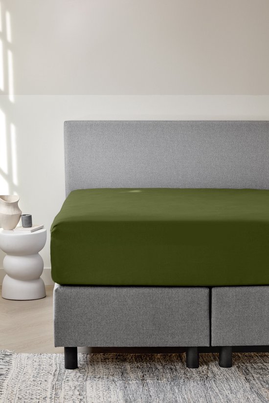 Dreamers Den - Jersey Premium élasthanne - Katoen biologique - Hoeslaken - Vert olive - 200 x 220 cm - Hauteur des coins : 35 cm