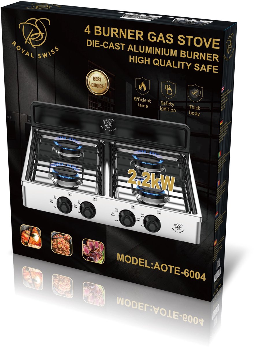 Royal Swiss® AOTE-6054 – Gasfornuis 4-pits – LPG – Aluminium Brander – Veilig & Efficiënt