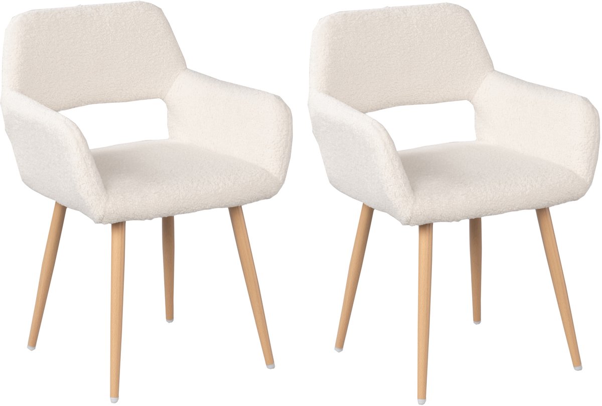 Meubles Cosy – CROMWELL – Set van 2 Scandinavische eetkamerstoelen met armleuningen – Beige – Bouclé stoffen zitting