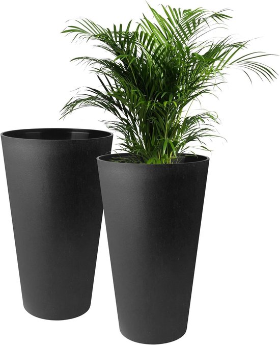 Twee zwarte, hoge bloempotten, één met een groene kamerplant.