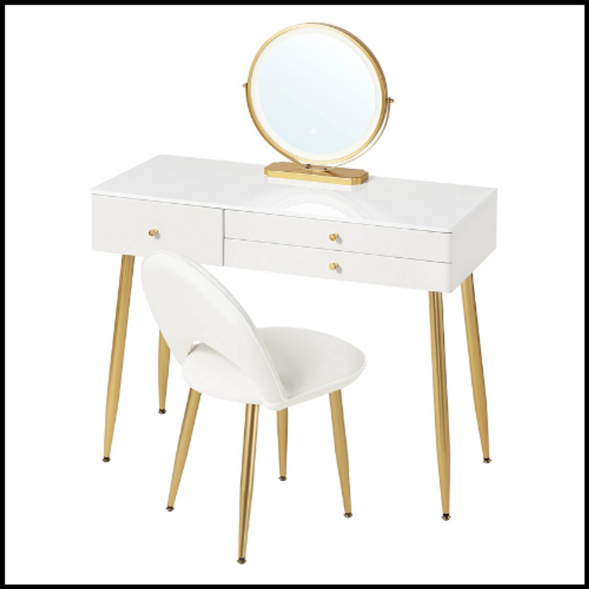 Kaptafel met spiegel en LED verlichting - make-up tafel met verstelbare verlichting - wit design met gouden accenten - 3 lades met indeling - fluwelen stoel inbegrepen - bureau 100x40 cm - stabiel MDF en metaal
