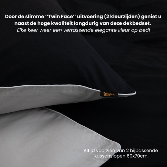 Superieur Dekbedovertrek Twin Face - Zwart / Lichtgrijs - 100% Katoen - 140x200/220cm Eenpersoons - Stoere lichtgijze met zwart dekbedset - adembenemend in uitstraling - optimaal ventilerend en ademend van Présence. — afbeelding 5