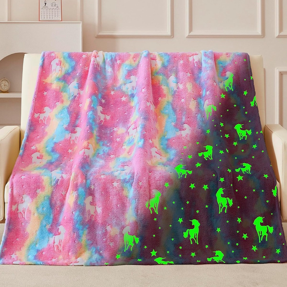BOTC Fleece deken voor Kinderen - 150x200cm - Flichtgevende deken - Glow in the Dark - Super Zacht, Warm en Donzig - Cadeau Roze