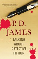 Boekomslag 'Talking About Detective Fiction' van P.D. James met een vulpen en rode bloedspatten op beige achtergrond.