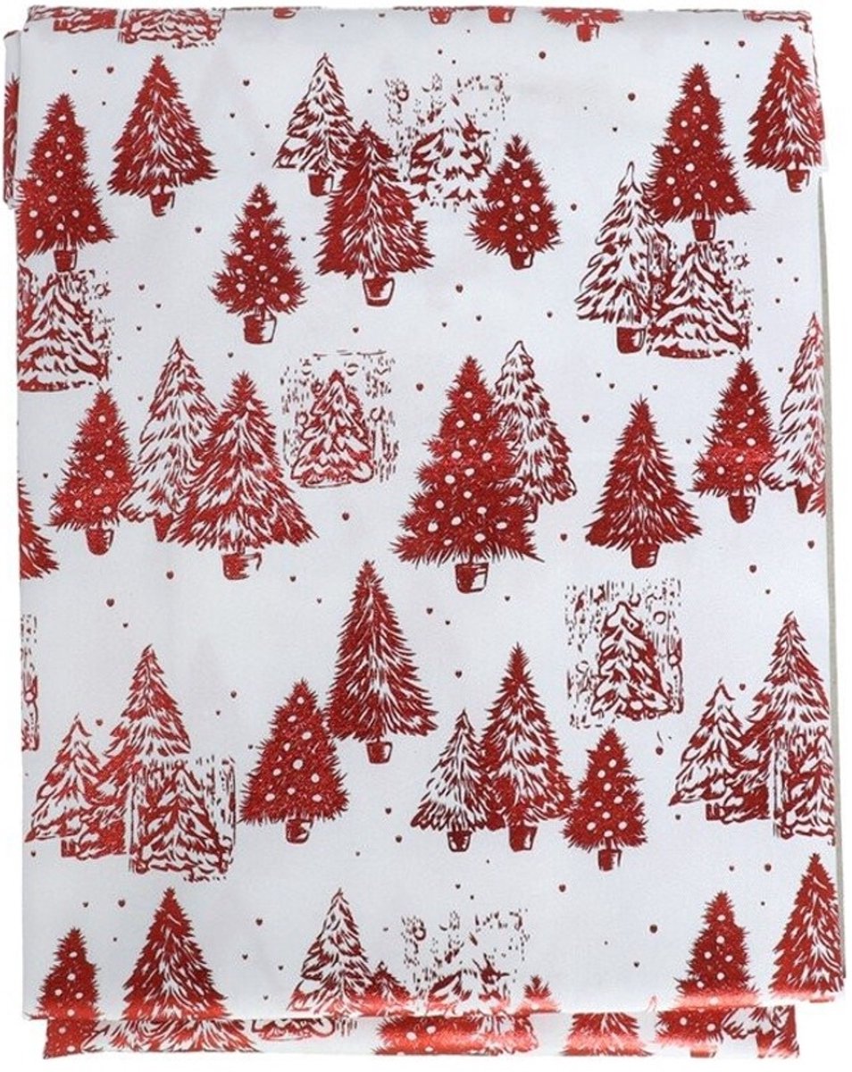 Rood kerst tafelkleed met kerstbomen 140x230 cm – herbruikbaar en sfeervol