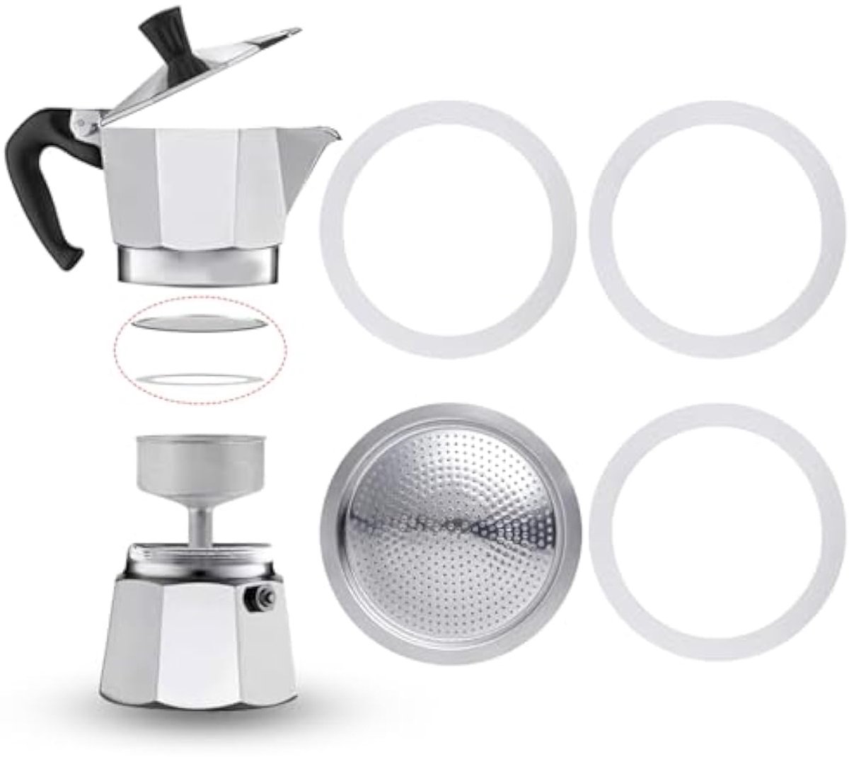 Set van 4 espressomachines, afdichtring, 3 kopjes, siliconen vervangingsring met aluminium zeef, afdichtringen voor koffiekannen (3 x siliconen afdichtring + 1 x stalen filter)