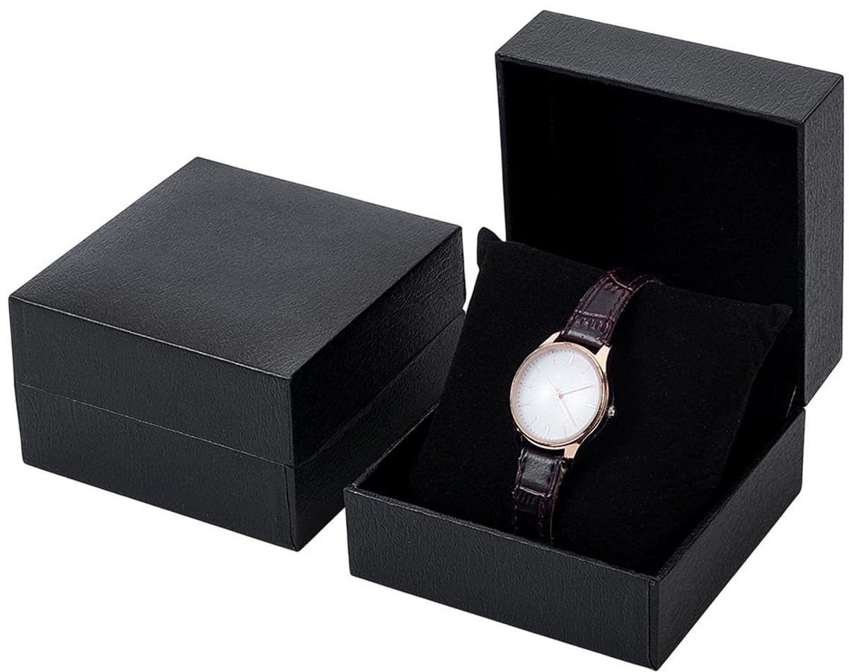 2pcs Watch Case for Men, 4x4x2.5inch Watch Box Bangle-Bracelet Box Black Travel Carrying Case Watches Organizer Display Cases with Flip-Top Pillow Inside for Women Watches