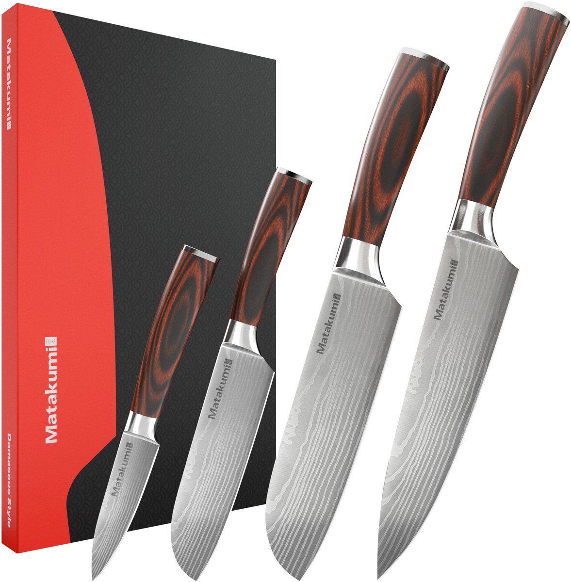 Matakumi Messenset Damascus Stijl - 4-Delige Messenset Damascus Print - Japanse Keukenmessen - Perfect Voor Hobbykoks en de Professionele Keuken
