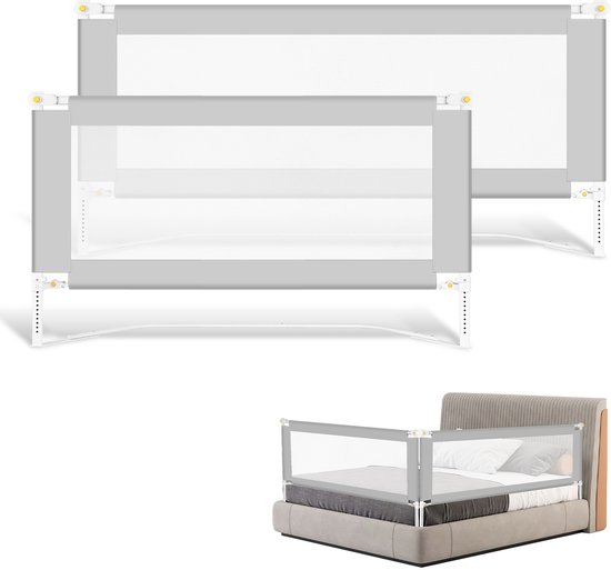 3 barrières de lit - Extra longues (150 cm + 200 cm x 2) - Barrière de lit pliable avec protection antichute - Barrière de lit antichute - Barrière de lit - Pliable 66-78 cm de hauteur - Barrière latérale de lit grise avec sangle de fixation