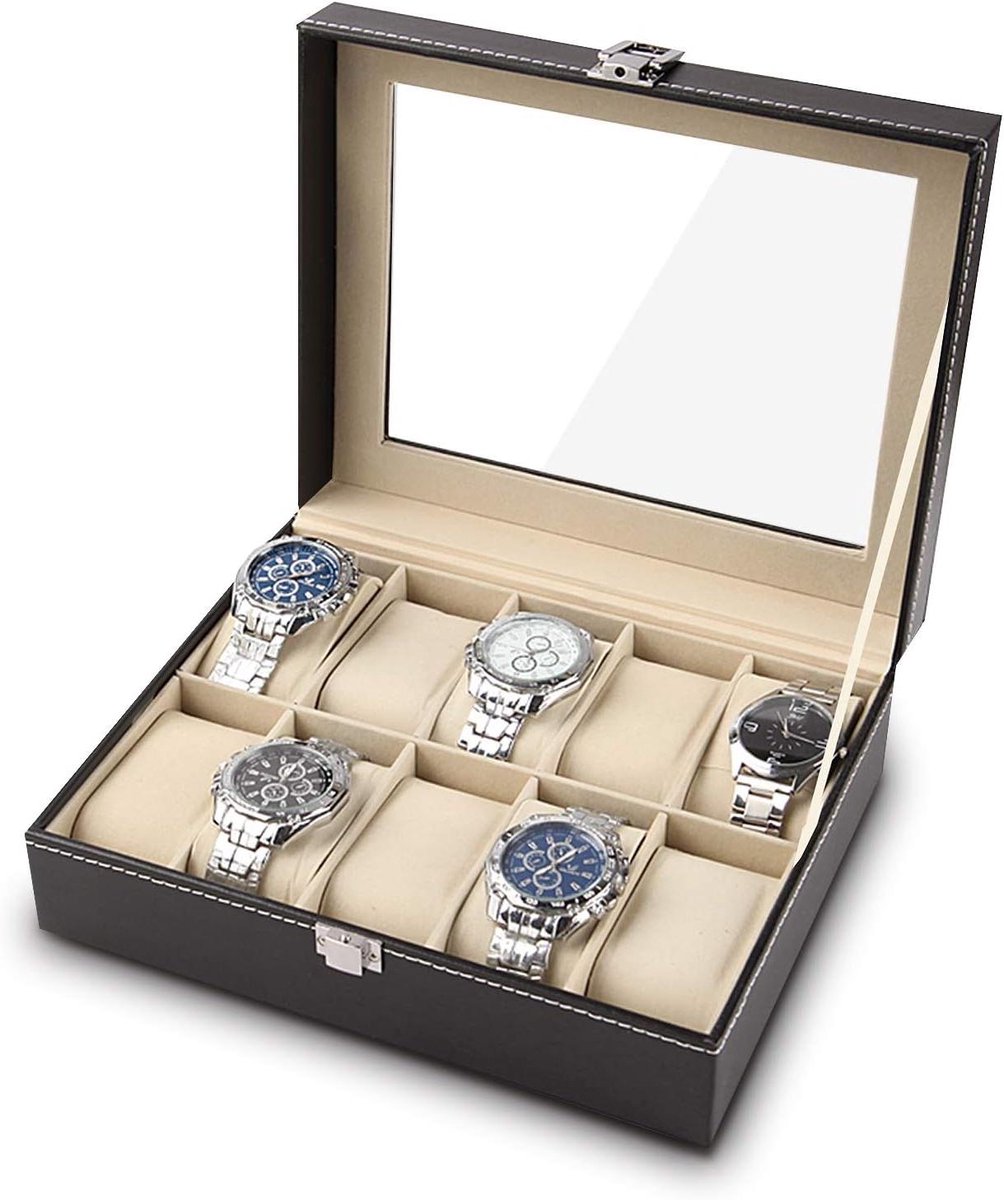 Allecto plus - Luxe horlogebox voor 20 horloges, zwart kunstleer, afsluitbaar - Sieradenopbergdoos met rooster - Organizer met uitneembare kussens - Modern design