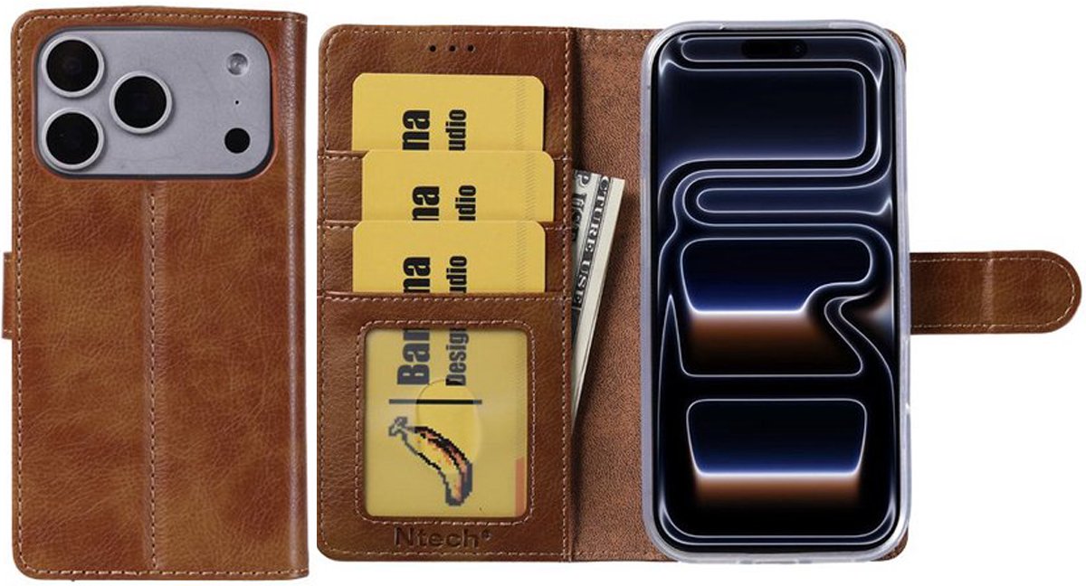 Hoesje Geschikt voor iPhone 17 Pro – Arara bookcase met pasjeshouder - Bruin