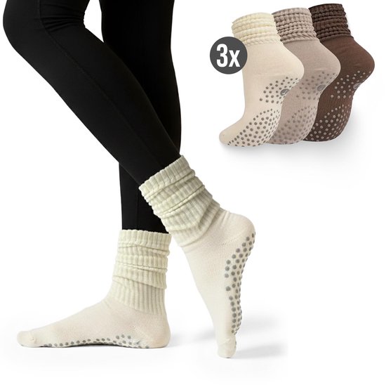 Yoga Sokken Set van 3 – Zwart, Bruin, Beige – Antislip – Hoog - Laag te Dragen – One Size – Pilates - Fitness Sokken