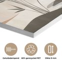 Vue détaillée de la texture et de l'épaisseur d'un panneau acoustique. Des icônes montrent l'isolation phonique, 60% PET recyclé et 9 mm d'épaisseur.