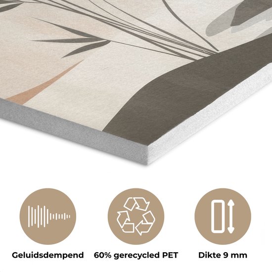 Vue détaillée de la texture et de l'épaisseur d'un panneau acoustique. Des icônes montrent l'isolation phonique, 60% PET recyclé et 9 mm d'épaisseur.