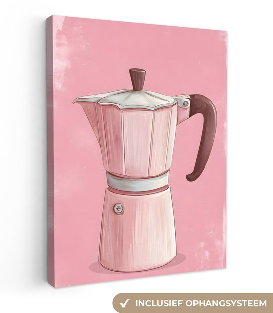 Canvas schilderij 30x40 cm - Exclusieve wanddecoratie Roze - Mokkapot - Illustratie - Koffie - Muurdecoratie accessoires - Keuken decoratie muur - Schilderijen op canvas