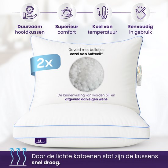 Slaapspeciaal Hoofdkussen - Boxkussen Set van 2 - Hoofdkussen Nekklachten | 50x60x10 cm - Hotelkwaliteit Hoofdkussens - Geschikt voor rug-, zij- en buikslapers - Katoenen Tijk - Navulbaar