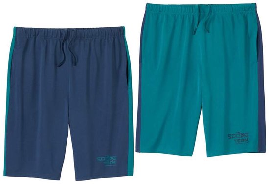 Twee sportshorts, één marineblauw en één petrolgroen, beide met donkerblauwe zijkantstreep en 'SPORT TEAM' logo.