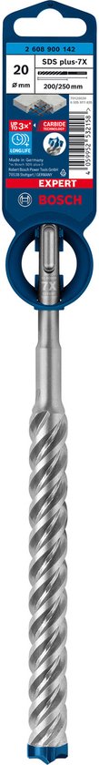 Bosch EXPERT SDS plus-7X hamerboor 20x200x250 mm aan blauwe verpakking met carbide technologie.