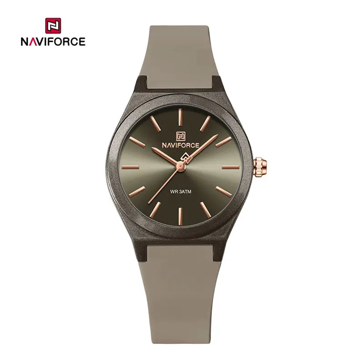 NAVIFORCE horloge met grijze gefumeerde siliconen polsband, grijze wijzerplaat met gouden wijzers en grijze horlogekast voor dames met stijl (Model 5056 GYGY)