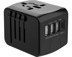 Reisstekker Wereldstekker 170+ landen – Universele Reisadapter met 1x USB-C en 3x USB-A – 20W – Geschikt voor Europa, UK, VS, Azië, Australië en Afrika – Zwart