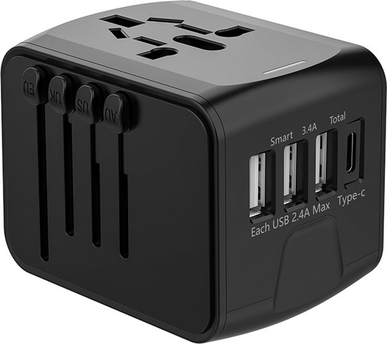 Zwarte wereldstekker met uitschuifbare pinnen voor AU, UK, US, EU en 4 USB-poorten (1x Type-C, 3x USB-A).