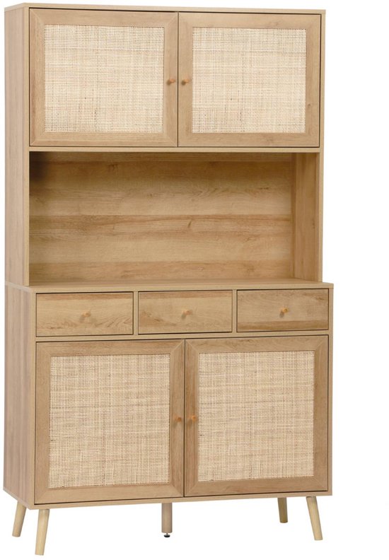 Bahut en bois avec portes en rotin, 4 portes, 3 tiroirs, fond blanc.