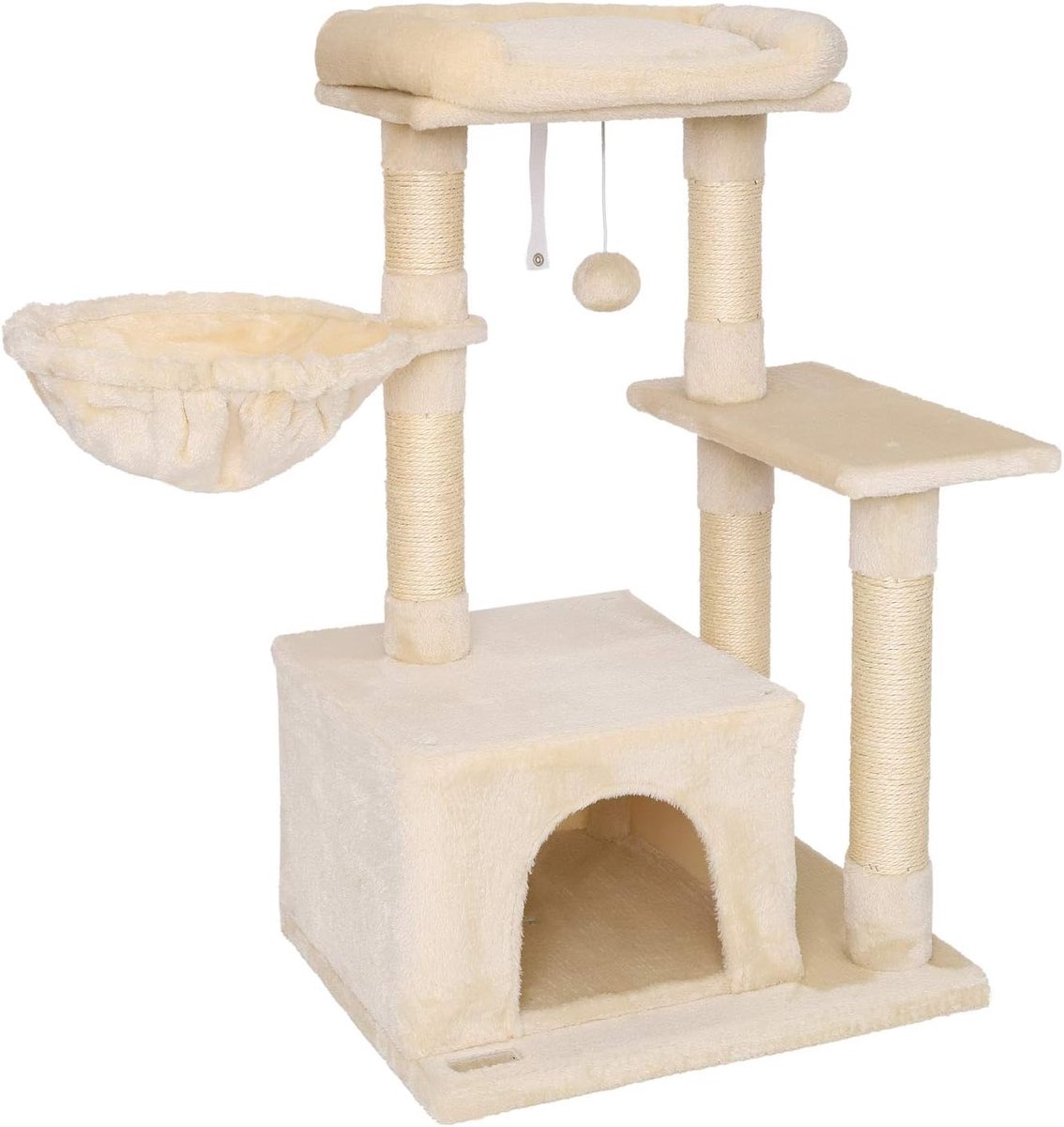 Kattenkrabpaal met Pluche Bal en Ligkom - Hoogte 85 cm, Multifunctionele Kattenboom met Sisal en Pluche, Geschikt voor Kleine en Grote Katten